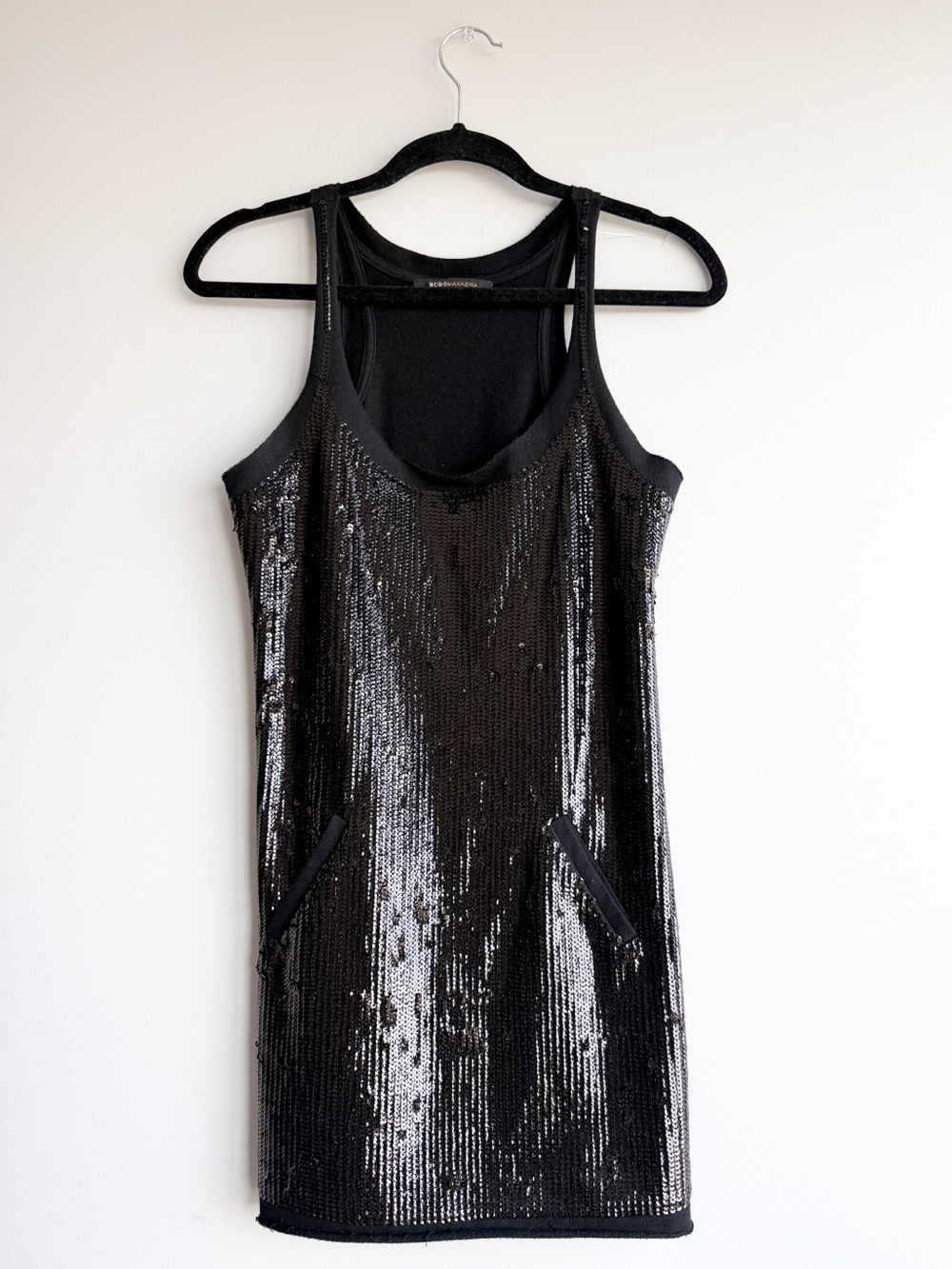 BCBGMaxAzria Black Sequin Racerback Tank Terry Dress
